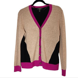 Charter Club Cashmere Color Block Button Sweater Cardigan Fushia Black Tan Sz M
